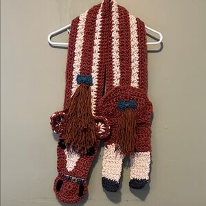 Handmade cinnamon and Cream Horse Scarf with Blue Bow Accent thick yarn